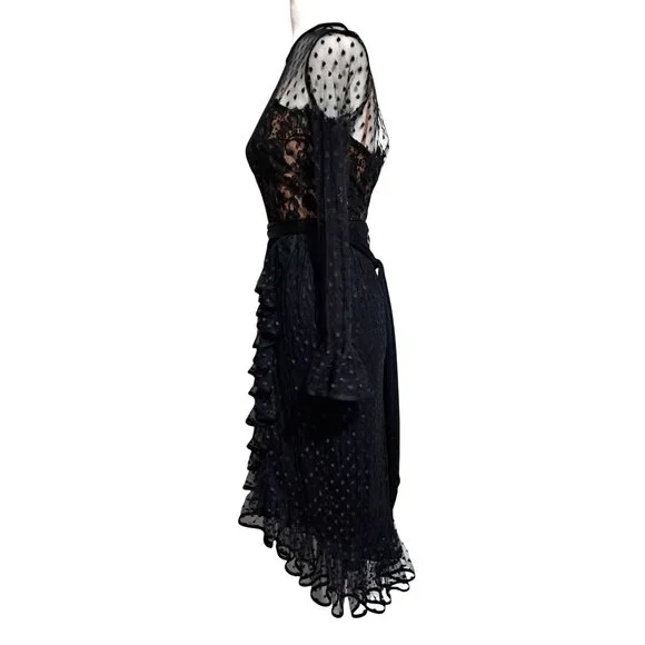 Vintage 70s Jack Bryan Black Gothic Polka Dot Lace Ruffled Midi Dress Sz 4 Emo M - Picture 8 of 12